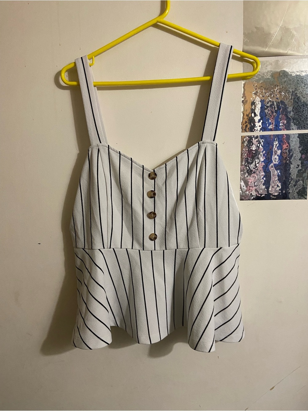 SHEIN White Tank Top with Black Pinstripes and Button Front